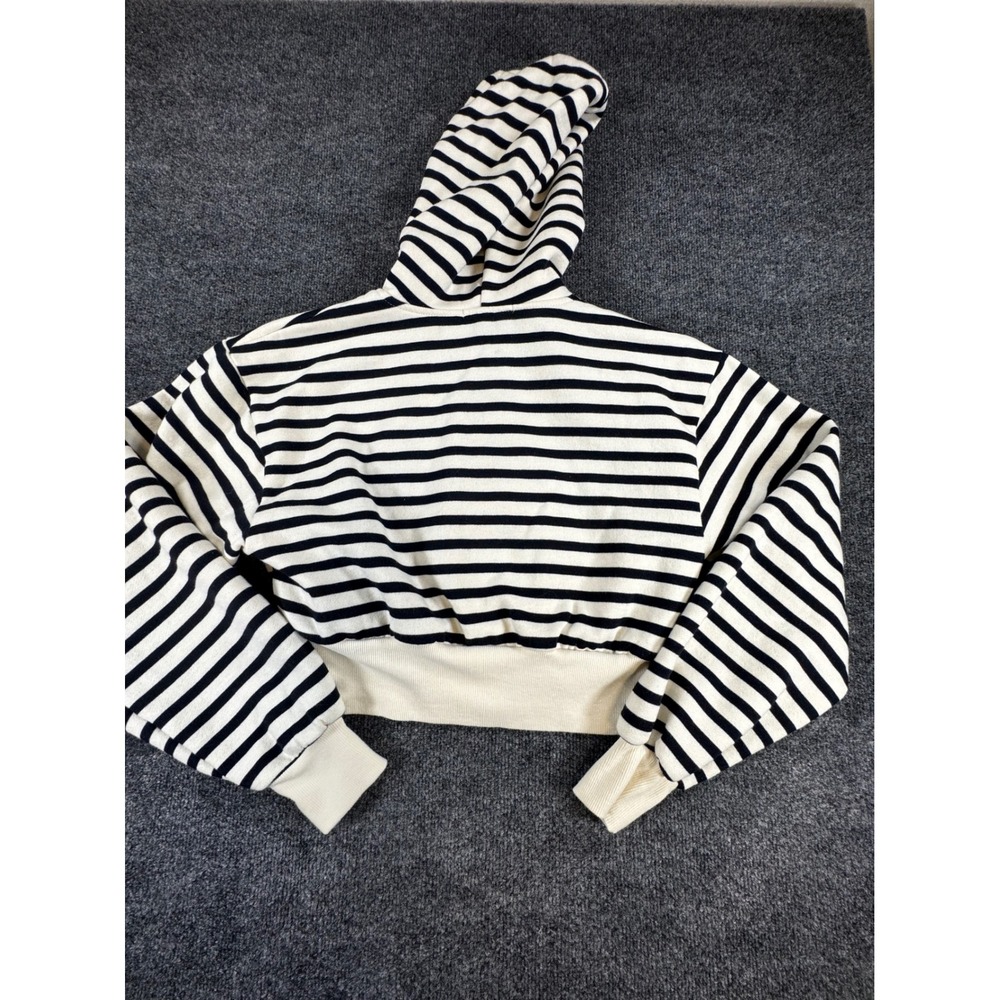 Forever 21 Striped Cropped Zip Up Hoodie Black Cream Small Sweatshirt - Picture 2 of 5